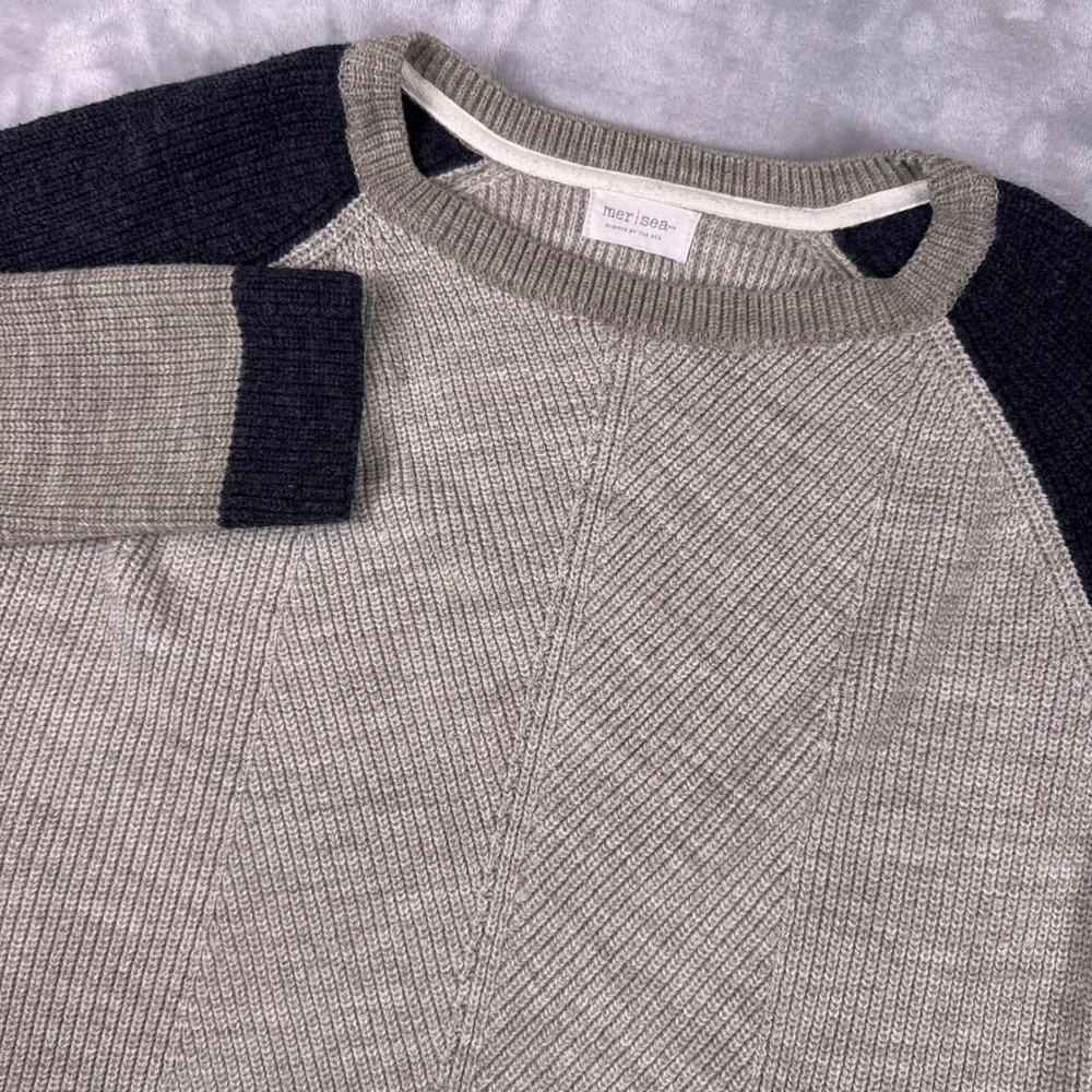 Mer-Sea & Co Women Grey Navy Colorblock Raglan Ribbed Knit Sweater One Size OSFA